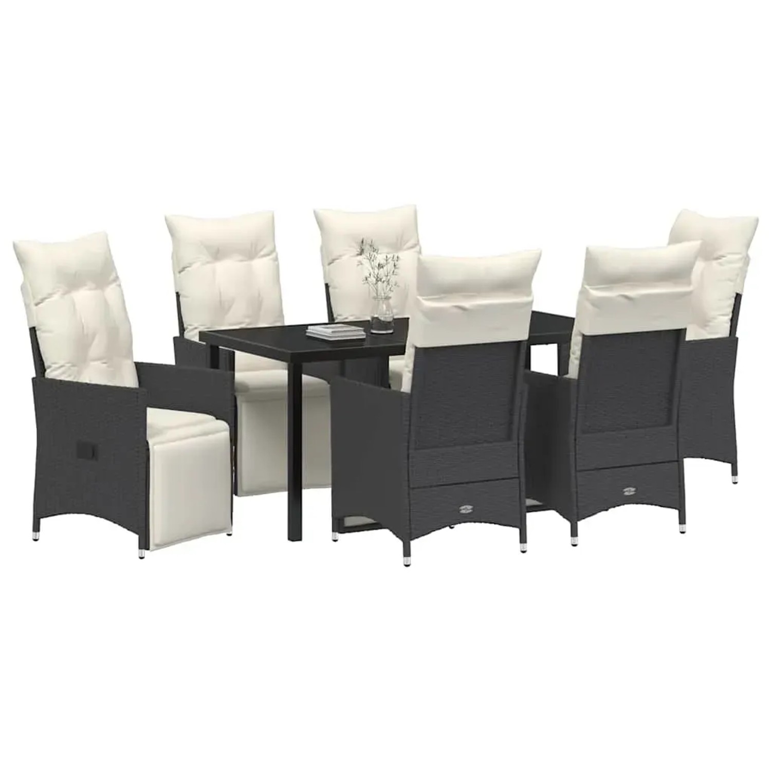 Schwarze 7-tlg. vidaXL Garten Essgruppe aus Polyrattan mit Kissen.