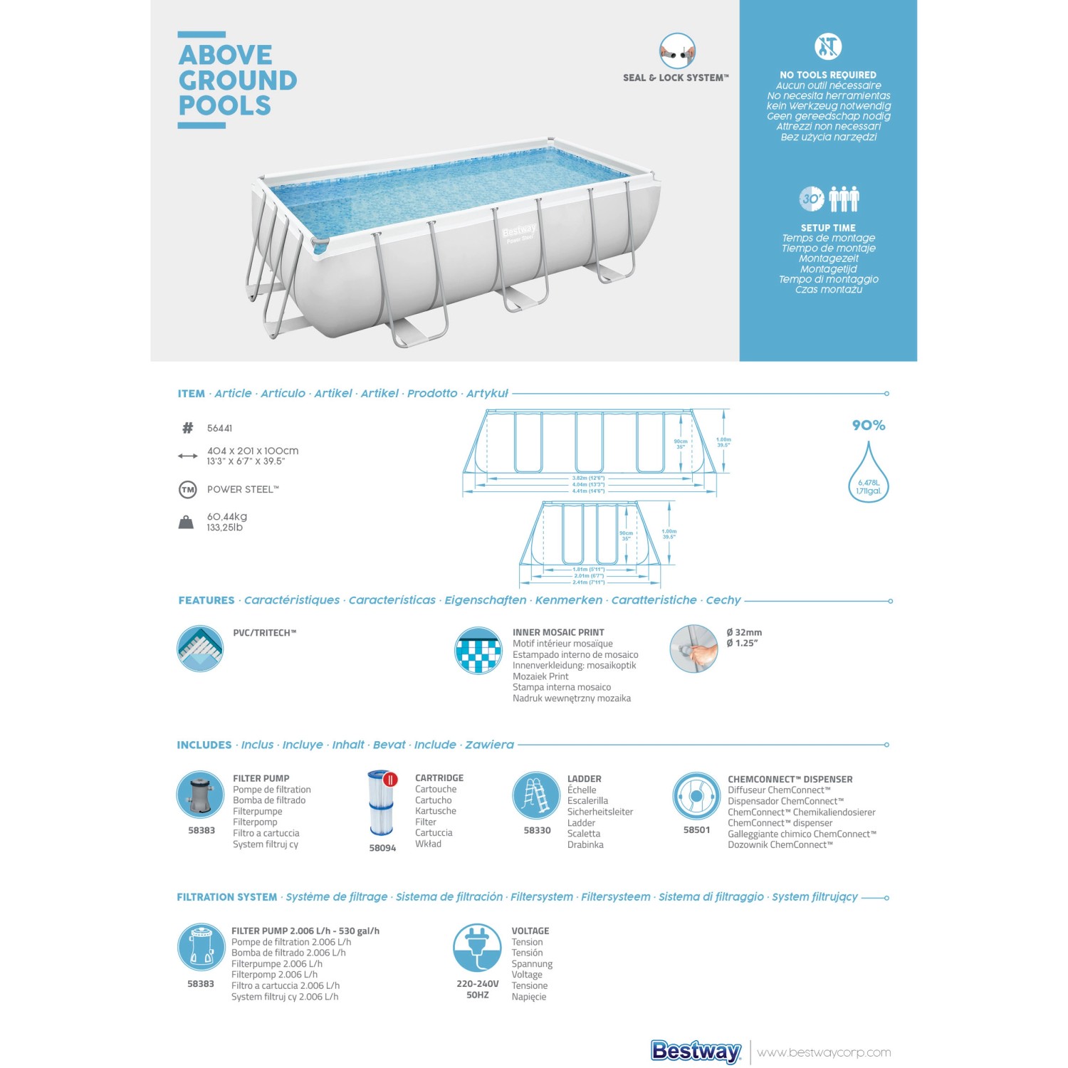 Bestway Stahlrahmenpool-Set Power Steel, 404x201x100 cm, rechteckig, mit Filterpumpe und Leiter.