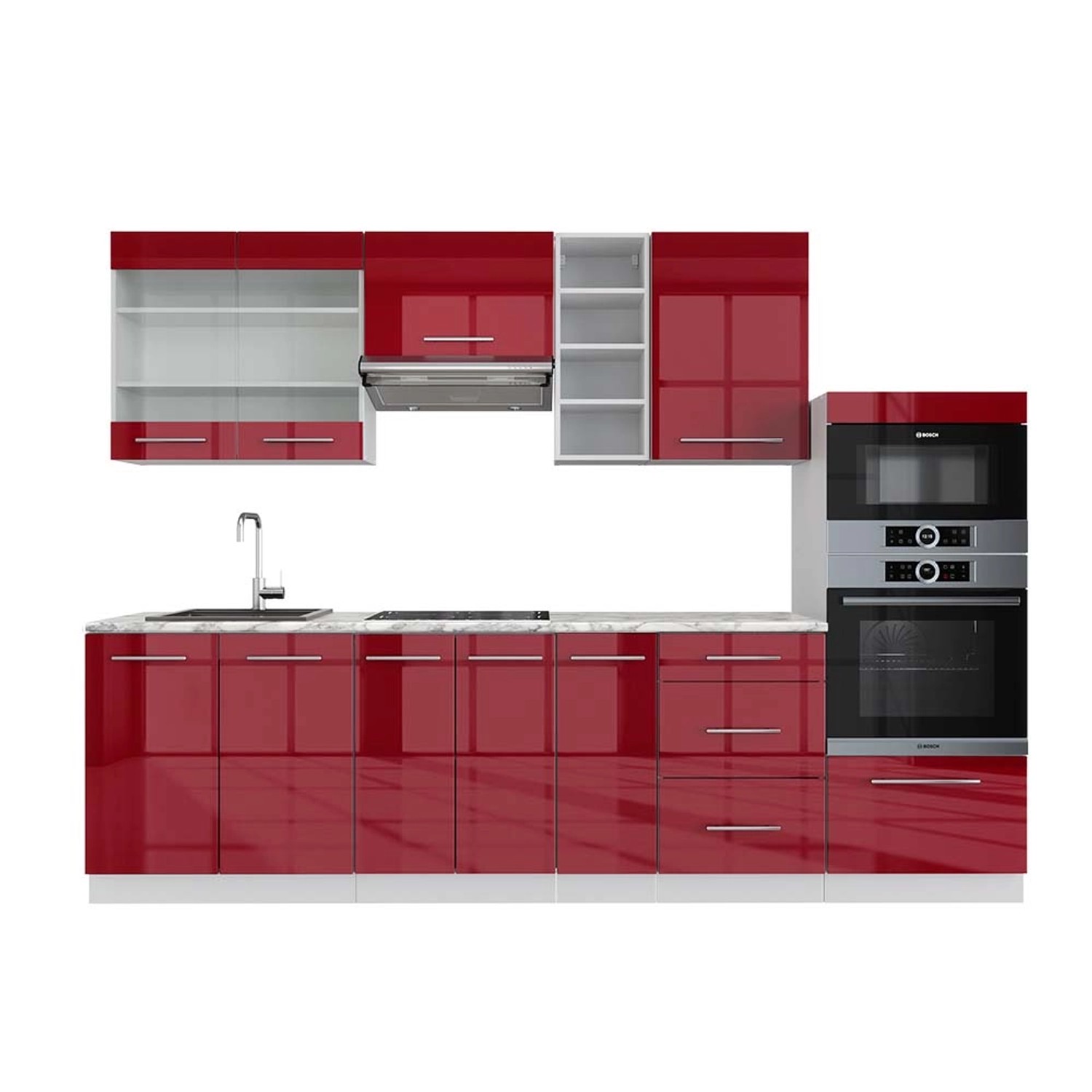 Vicco Fame-Line Küchenzeile Bordeaux Hochglanz/Weiß 280 cm AP Marmor günstig online kaufen