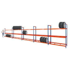 PROREGAL Mega Deal: 5 blaue Reifenregale XL (200x180x45cm) mit orangen Streben, beladen mit Reifen.