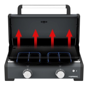 Campingaz Plancha Sigma 2 Cook Gasgrill mit geöffnetem Deckel und blauen Flammen.