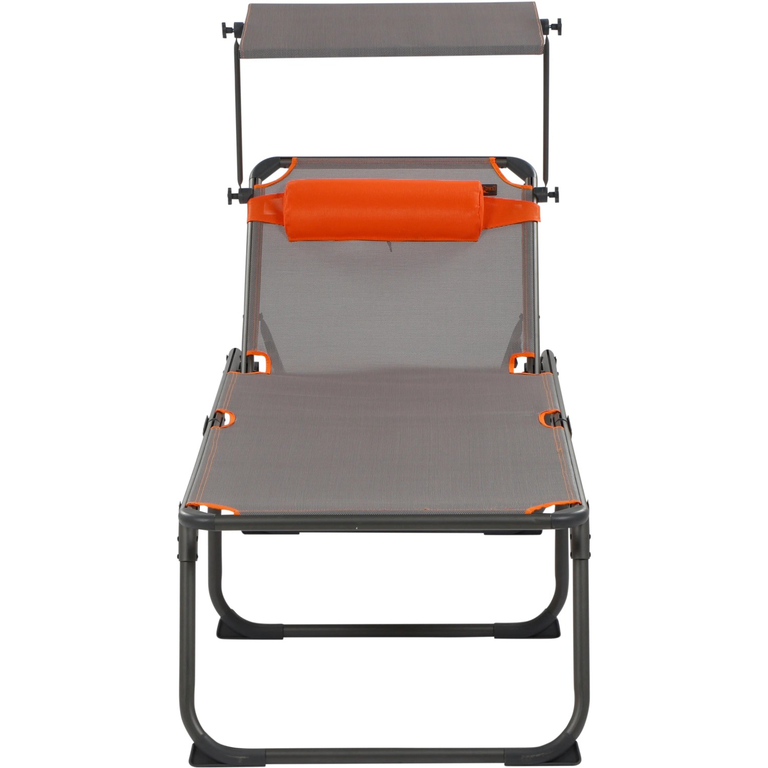 Graue Portal Campingliege Kevin XXL mit Sonnendach und Nackenpolster, platzsparend klappbar.