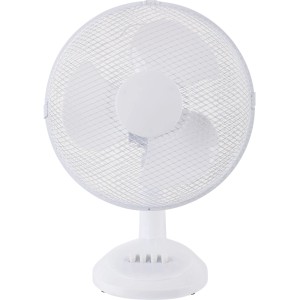 Weißer CMI Tischventilator, Ø 30 cm, mit Schutzgitter und drei Rotorblättern.