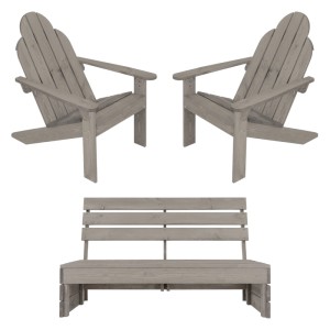 3-teiliges Gartenmöbel Set: Bank und zwei Adirondack Stühle aus grauem Holz.