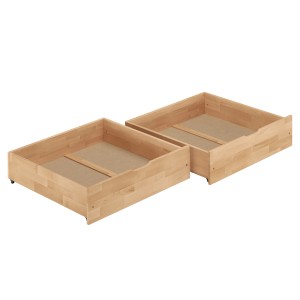 Zwei farblos lackierte Bettkästen aus Buche für Betten zur Aufbewahrung unter dem Bett.
