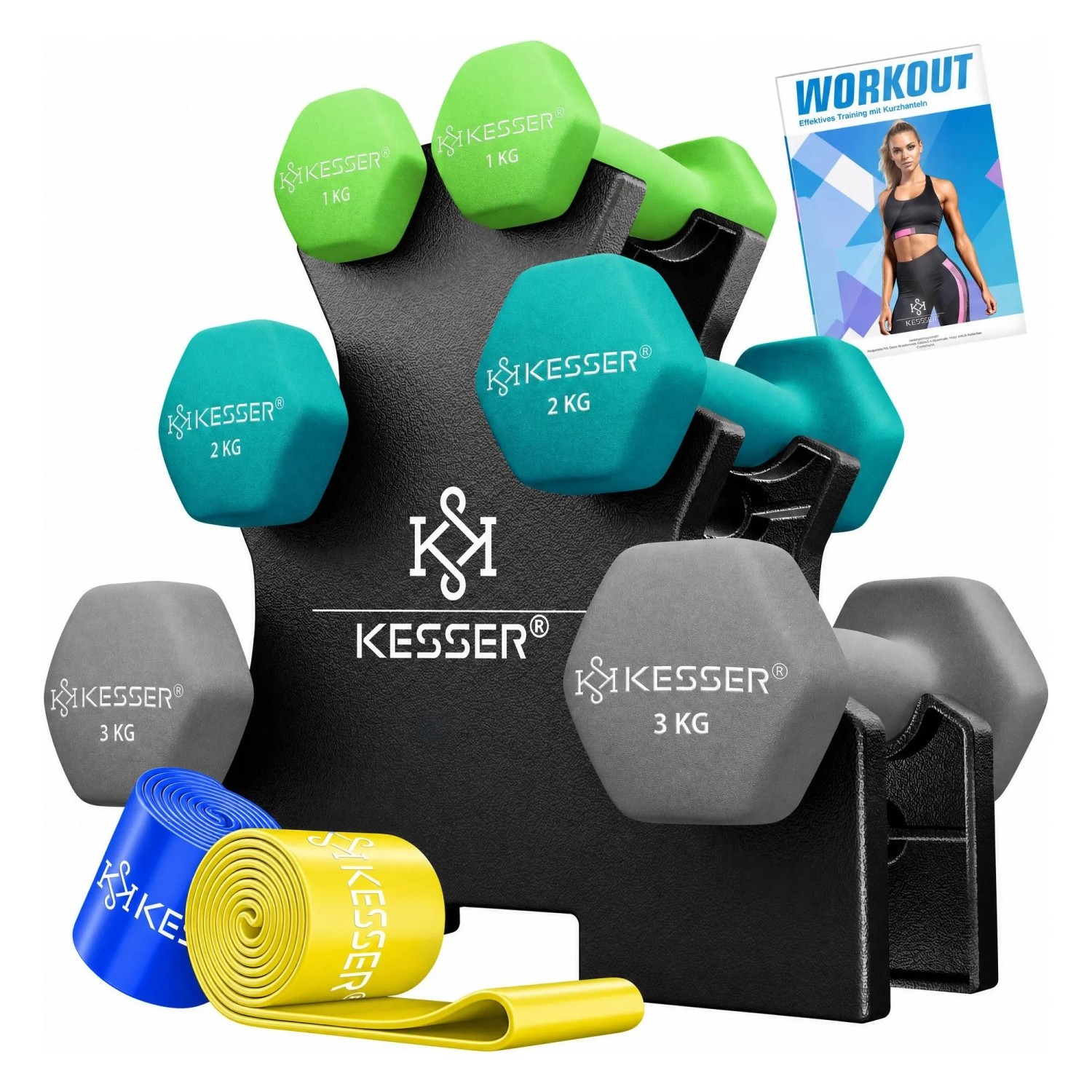 KESSER Hantelset 12 kg 2 x 1 kg 2 kg 3 kg Hellgrün Petrolblau Hellgrau 3 Paar