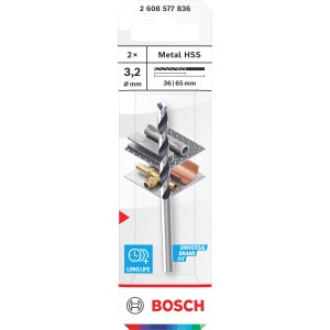 Bosch Metallbohrer Set, 2-teilig, 3,2 mm Durchmesser, HSS Stahl, zylindrischer Schaft.
