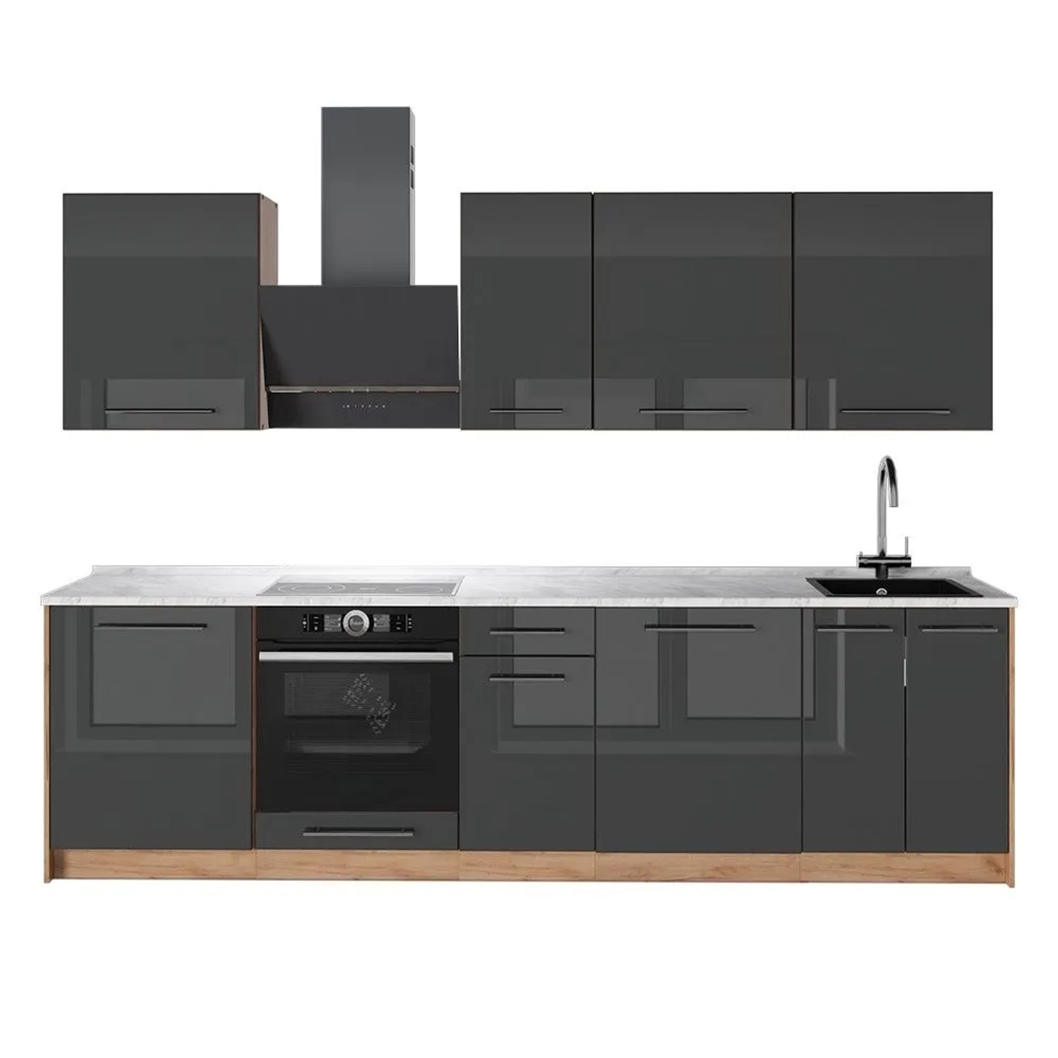Vicco Küchenzeile Fame-Line Anthrazit Hochglanz/Goldkraft Eiche 280 x 82 AP Marmor Art Nr 64190