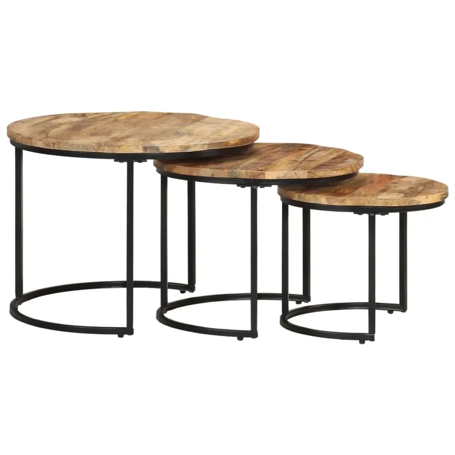 3 runde Satztische aus Mangoholz mit schwarzem Eisenrahmen, ineinanderstellbar. Vielseitige Beistelltische.