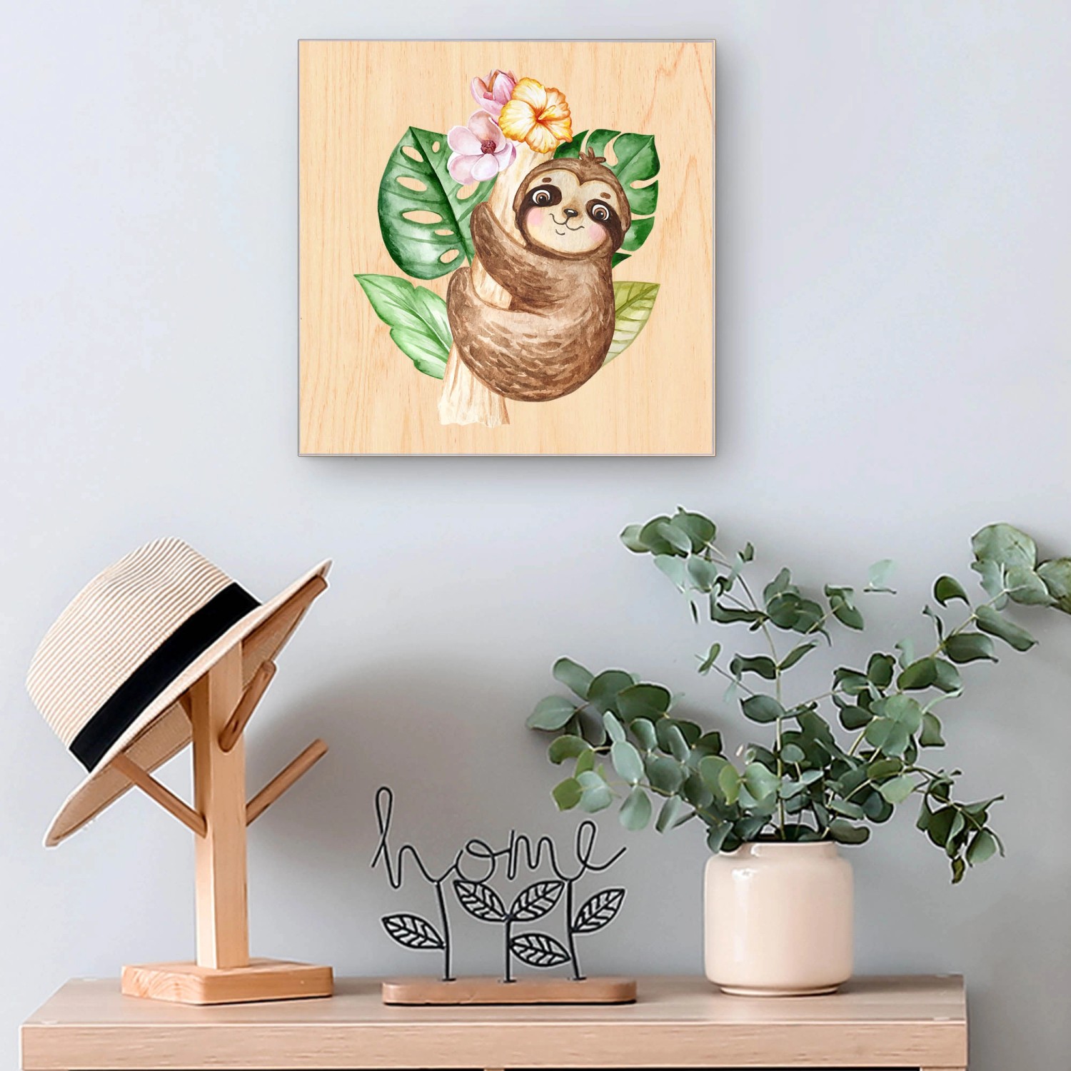 Banjado Schlüsselkasten aus Holz, 30x30cm, mit Faultier-Motiv und 50 Haken zur Schlüsselaufbewahrung.