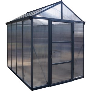 Graues Palram Canopia Gewächshaus Glory 6x8 mit Fundament, Polycarbonat-Platten und Tür.
