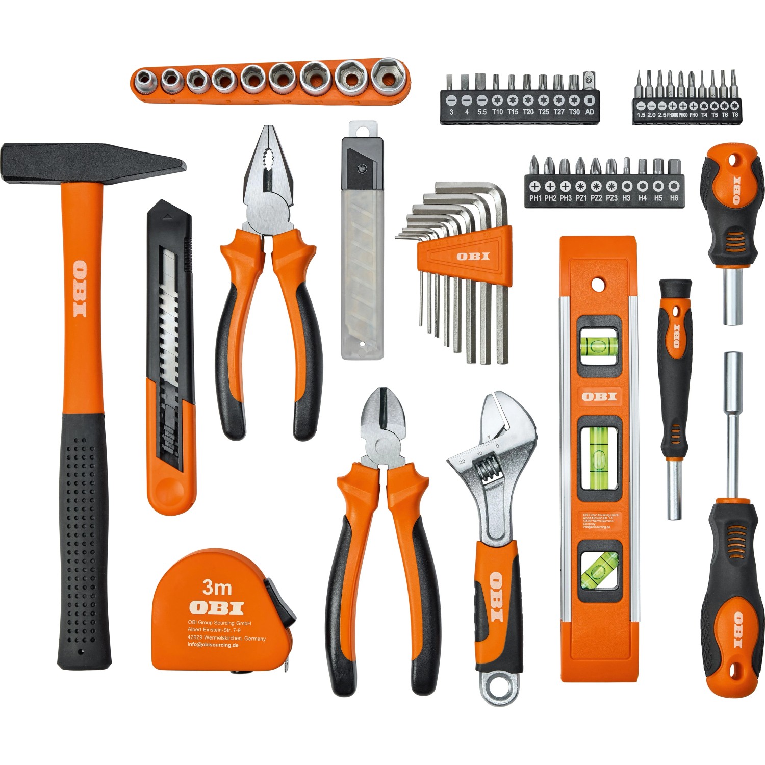 OBI Werkzeugkoffer, 62-teilig, mit Hammer, Zangen, Schraubendrehern und Wasserwaage.