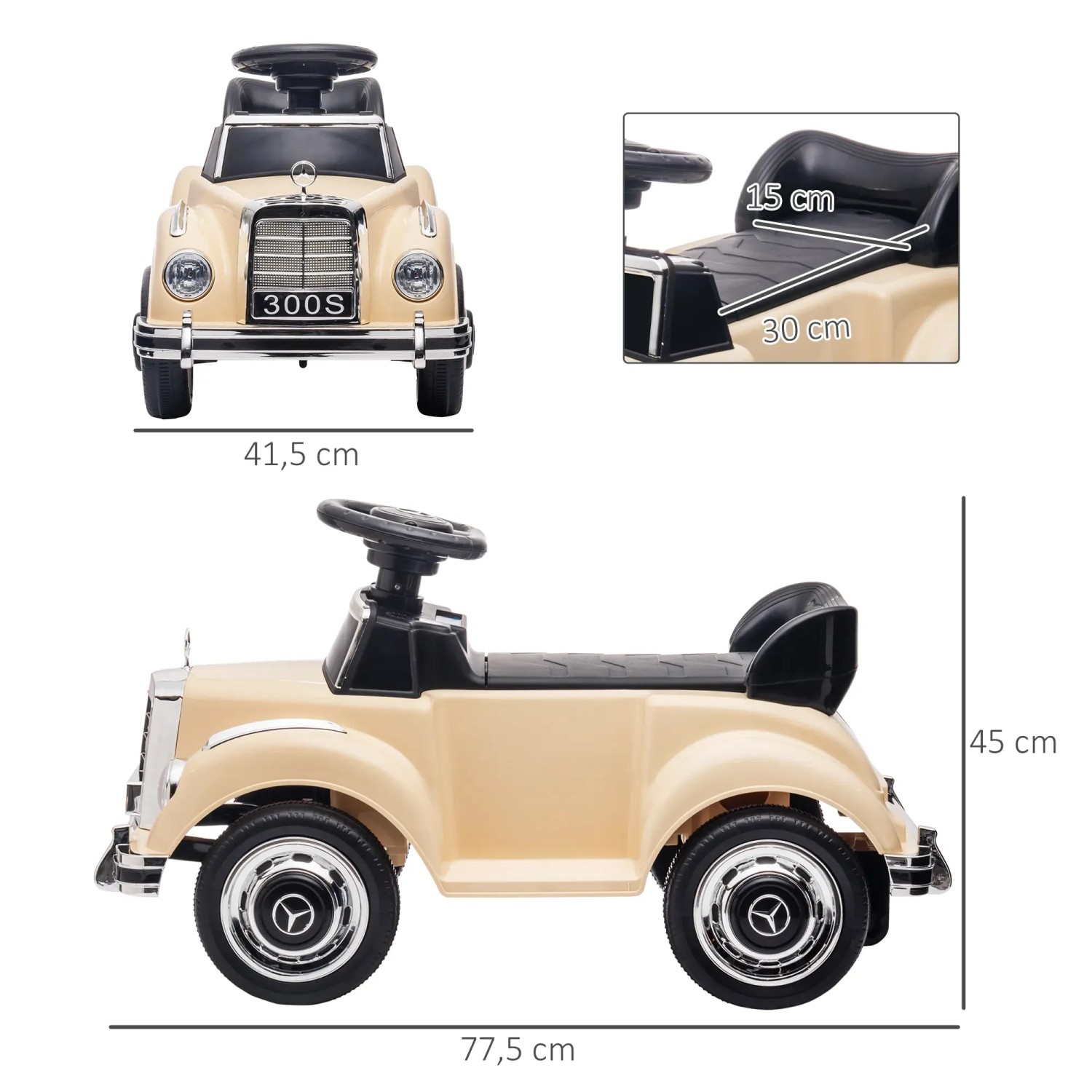 Beiges AIYAPLAY Rutschauto im Mercedes-Benz 300S Design mit Kippschutz für Kinder von 18-48 Monaten.