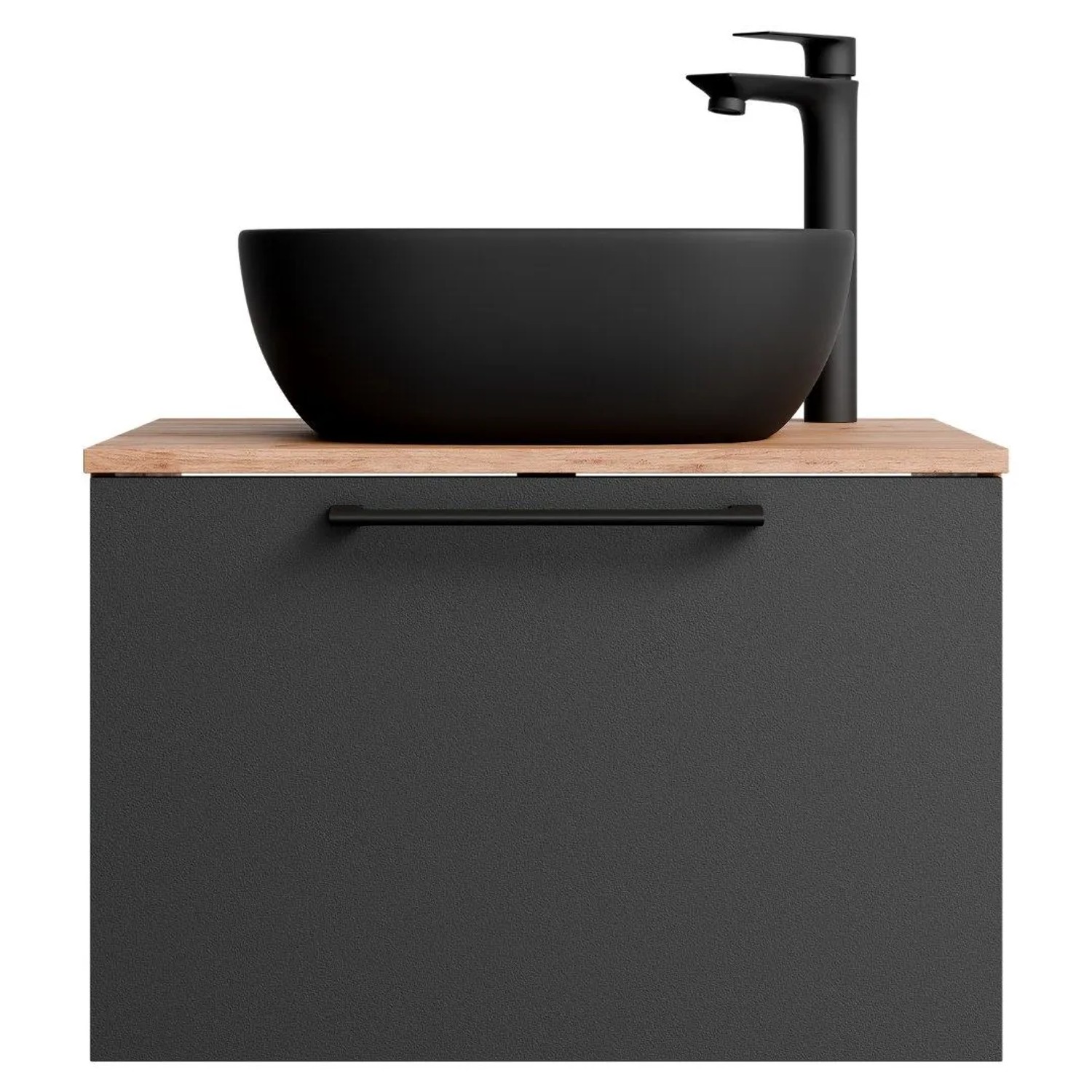 Planetmöbel ASTRA Waschtischunterschrank 60 cm mit Aufsatzwaschbecken 42,5 cm Schwarz Soft Close