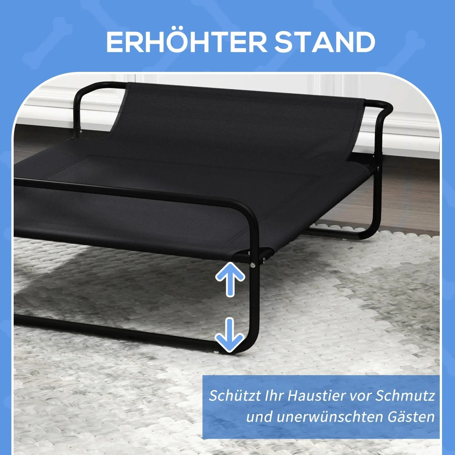Schwarze PawHut Hundeliege aus Stahl und Mesh, erhöht für Komfort und Schutz vor Schmutz.