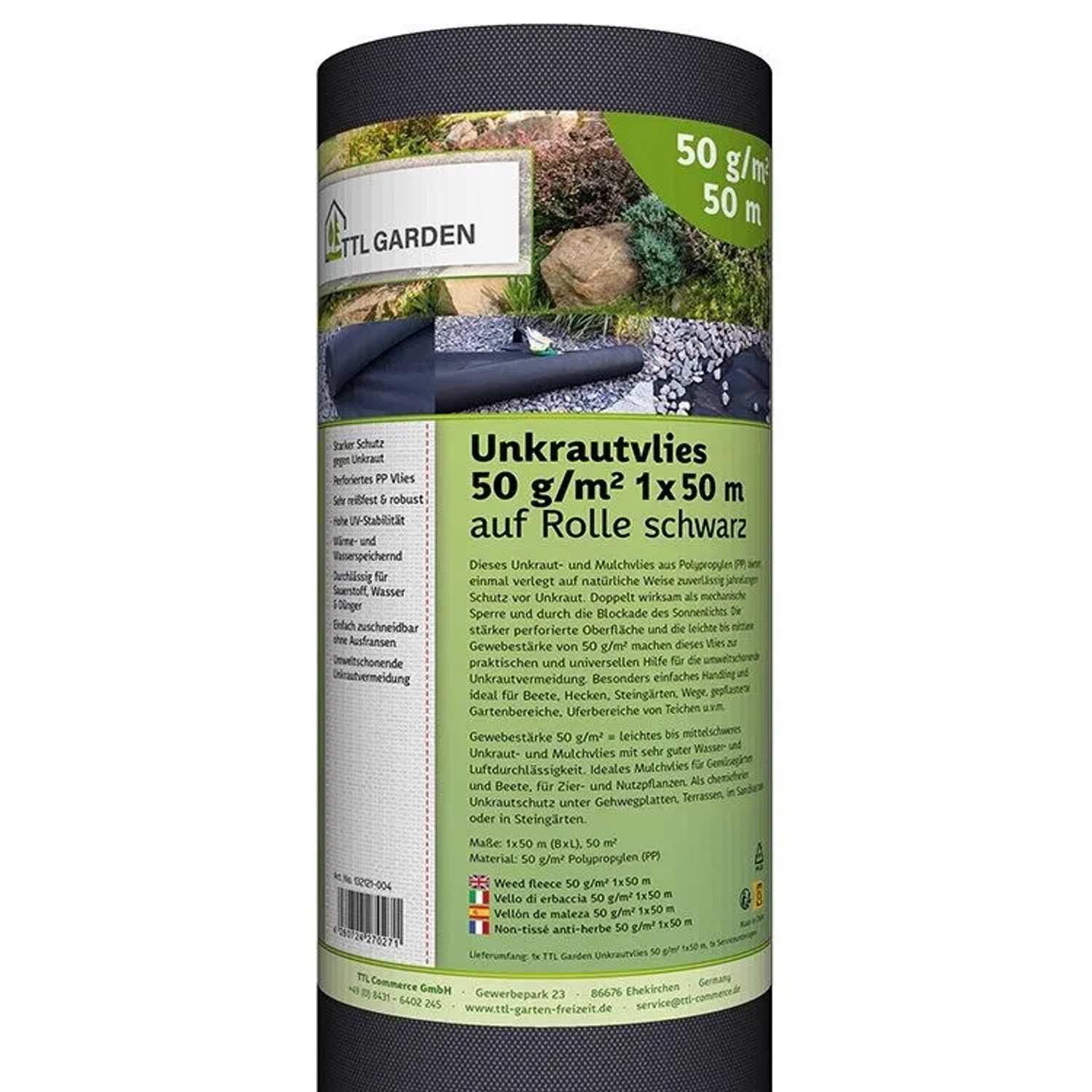TTL GARDEN Unkrautvlies 50g/m² 1x50m 50m² Schwarz Gartenvlies Mulchvlies UV-stabil gegen Unkraut