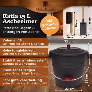 BLACK OAK Ascheeimer KATLA 15L mit Deckel, Schaufel und Handfeger für Kamin und Grill.