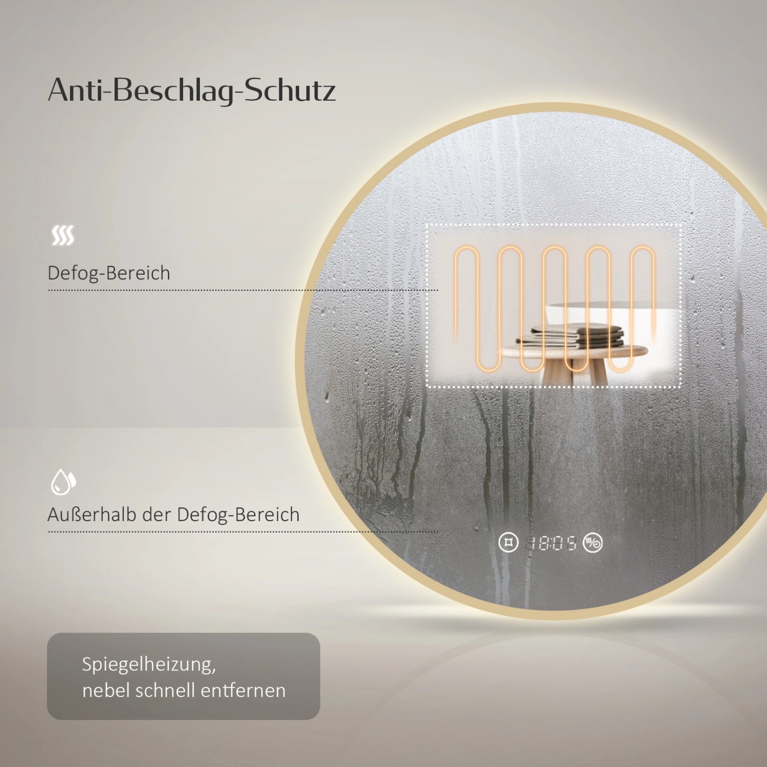 Detailaufnahme: Runder LED Badspiegel mit Goldrahmen, Antibeschlag-Funktion und digitaler Anzeige.