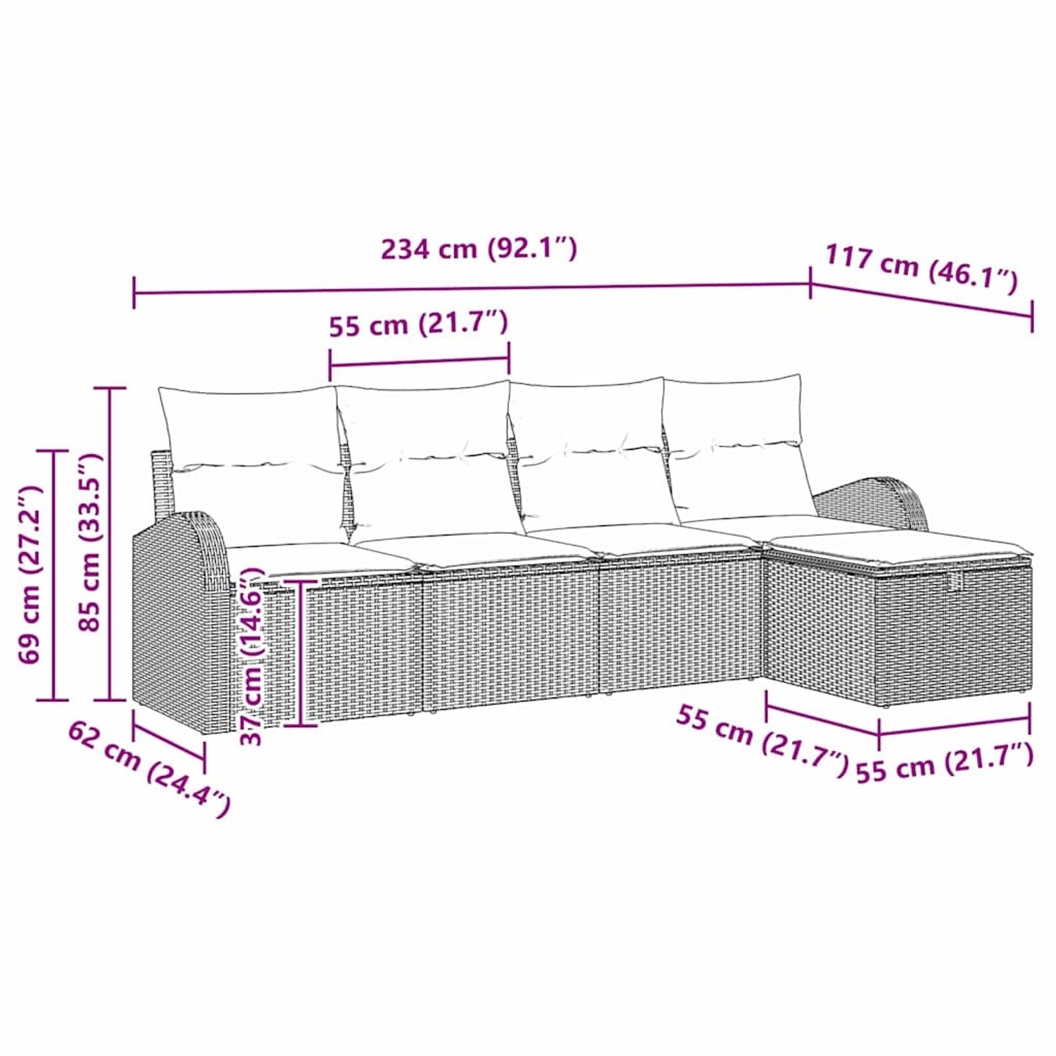 vidaXL Gartenmöbel-Set, hellgraues Poly Rattan Sofa mit Kissen, Maße eingezeichnet.
