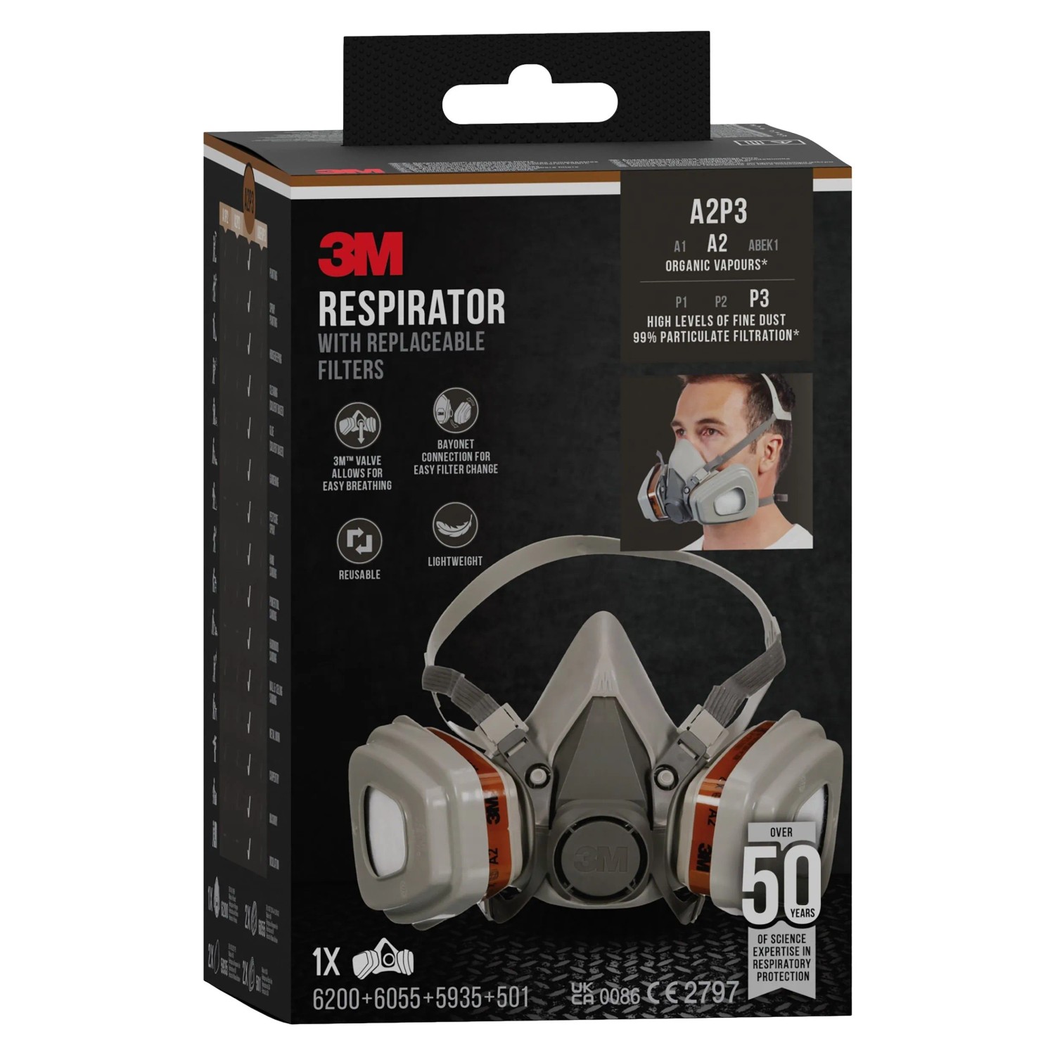 3M Maske 6002 A2P3 Grau, Atemschutzmaske mit Filtern im Set.
