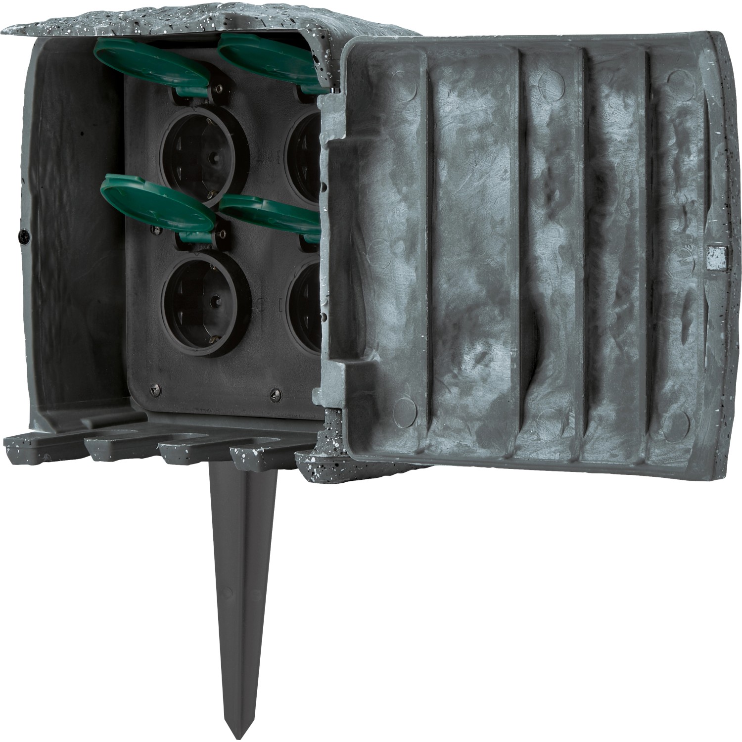 Gartensteckdose in Steinoptik mit 4 Steckdosen und Erdspieß, geöffnet.