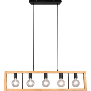 Moderne Pendelleuchte Agra mit 5 Leuchten, schwarz matt und Holzoptik, für E27 Leuchtmittel.