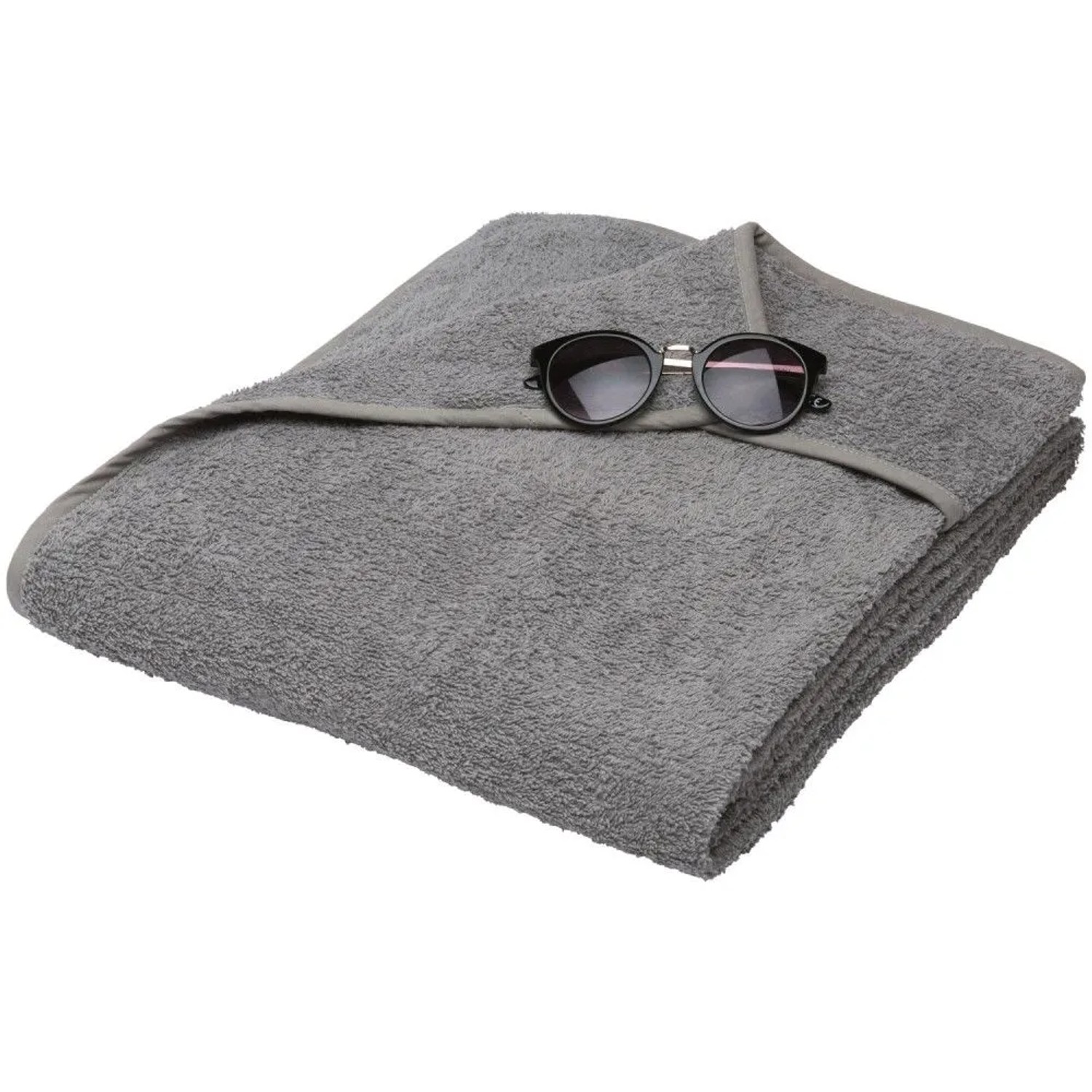 Gefaltetes graues Beautissu Marbella Frottee Handtuch 200x70cm mit Kapuzenüberzug und Sonnenbrille.