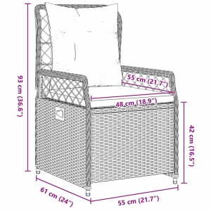 Skizze eines grauen vidaXL Gartenstuhls aus Polyrattan mit Kissen und Maßangaben.