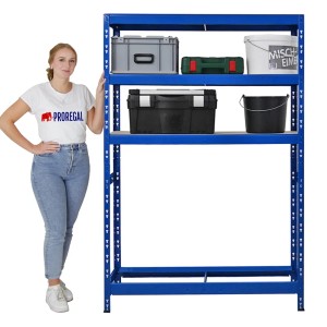 Blaues PROREGAL Reifenregal Tiger mit 3 Ablagen und Reifen auf einer Ebene. Frau steht daneben.