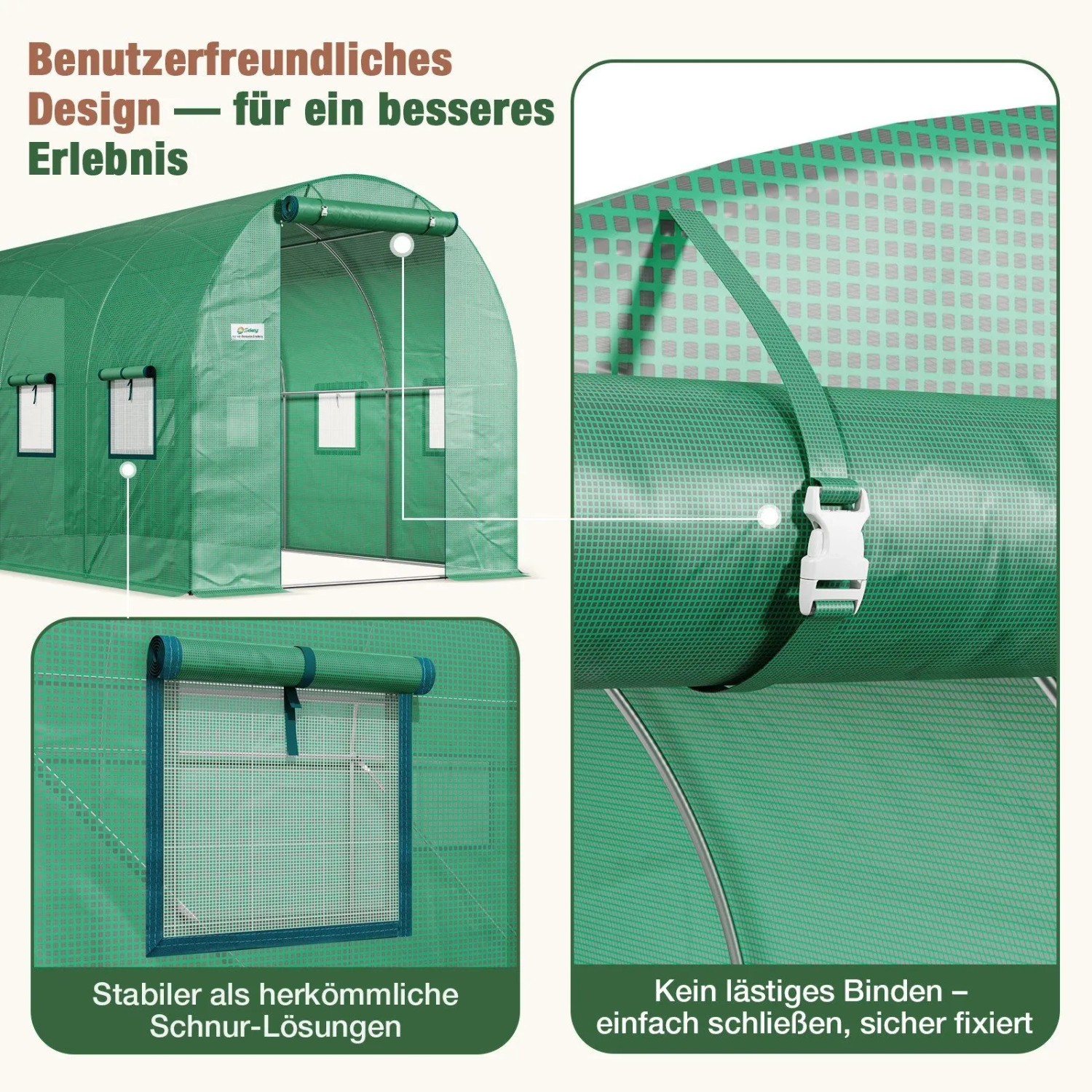 Grüne PE Gitterfolie für Folientunnel Gewächshaus, 4x2x2m. Ersatzfolie mit Fenstern, Reißverschlusstüren und Schnappverschlüssen für Belüftung.