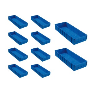 Set aus 10 blauen PROREGAL Industrieboxen, 6 Liter, für Aufbewahrungssysteme.