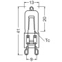 Technische Zeichnung Osram Halogen G9 Leuchtmittel, Röhrenform mit Maßen.