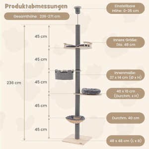 Costway Kratzbaum Deckenhoch 5-Stöckiger mit Hängematte & Korb Grau
