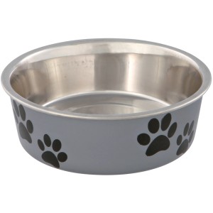 Grauer Jollypaw Edelstahlnapf (0,3 l) mit Pfotenabdruck. Rutschfester Katzennapf.