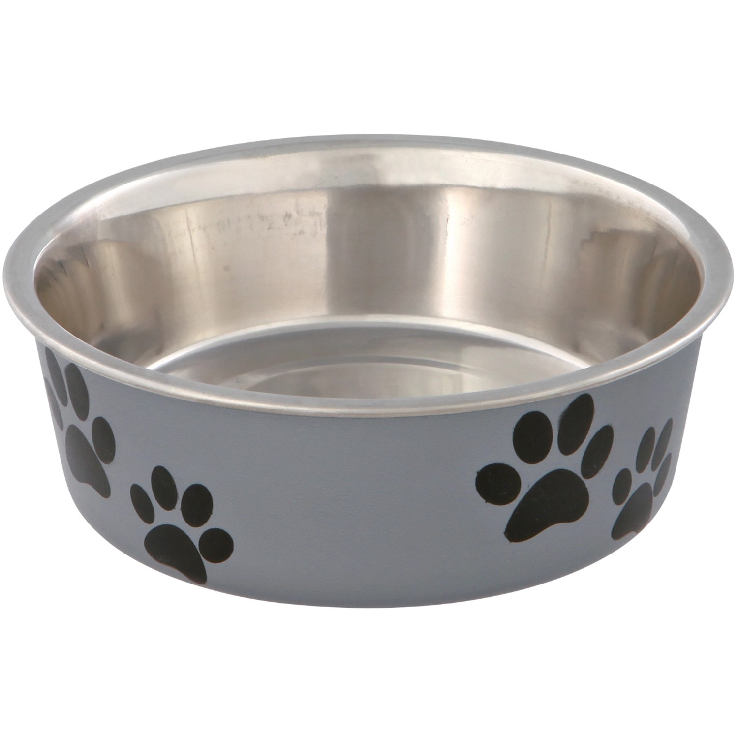Grauer Jollypaw Edelstahlnapf (0,3 l) mit Pfotenabdruck. Rutschfester Katzennapf.