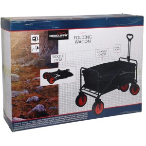 Verpackung eines faltbaren Bollerwagens in Schwarz, ideal für Camping und Outdoor-Aktivitäten.
