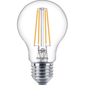 Philips LED-Lampe E27 in Glühlampenform, 7W, 806 Lumen. Klares Glas, warmweißes Licht.