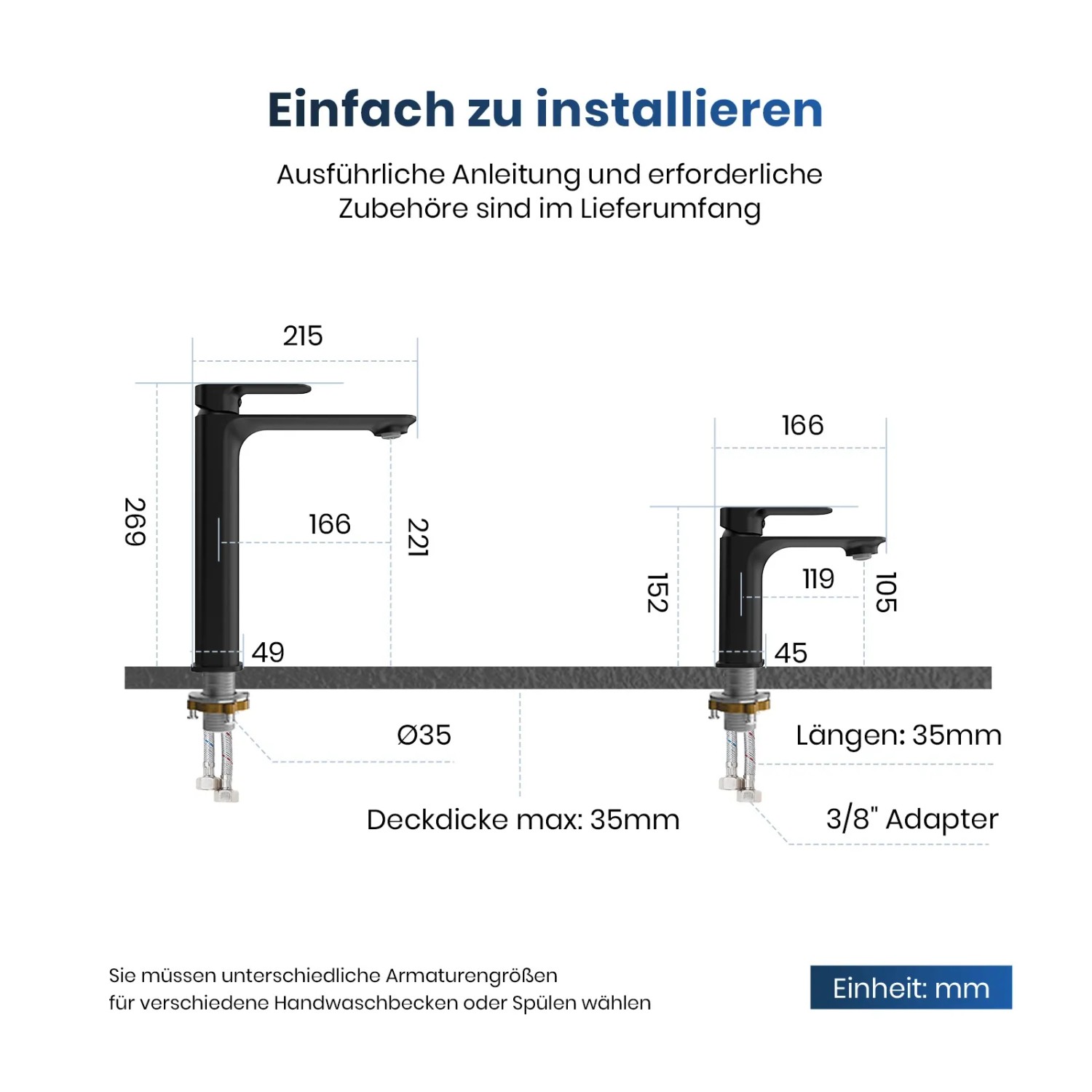 Emke Waschtischarmatur, schwarz matt, mit Maßangaben für Bad und Waschbecken.