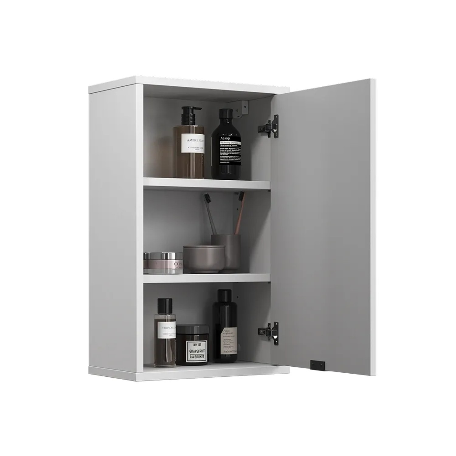 Weißer Vicco Badschrank Eliza (40x65 cm) mit offener Tür und drei Ablageflächen. Badregal für mehr Stauraum.