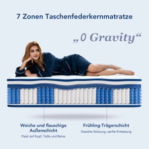 HOMAVO Tonnentaschenfederkern Matratze 160x200cm mit 7 Zonen und Frau im Bademantel.