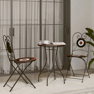 Mosaik Bistro Set in Terrakotta-Rot/Weiß: Gartentisch mit 2 Stühlen aus Eisen und Keramik.