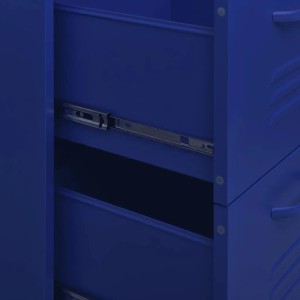 Detailansicht: Marineblauer vidaXL Büroschrank aus Stahl mit offener Schublade.