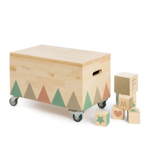 MUDDY BUDDY Spieltruhe mit Rädern und bunten Holz-Spielwürfeln für Kinder.
