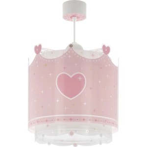 Rosa KinderDeckenlampe im Kronen-Design mit Herz-Motiv für Mädchenzimmer.