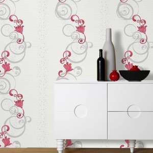 Florale Vliestapete in Weiß, Rot und Silber mit Kringel, Lilien und Punkten für Wohn- und Schlafzimmer.