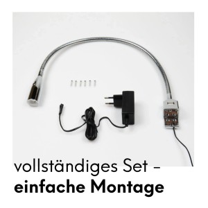 Kalb LED Bettleuchte, silbergrau, mit USB-Ladefunktion, inklusive Netzteil und Montagematerial.