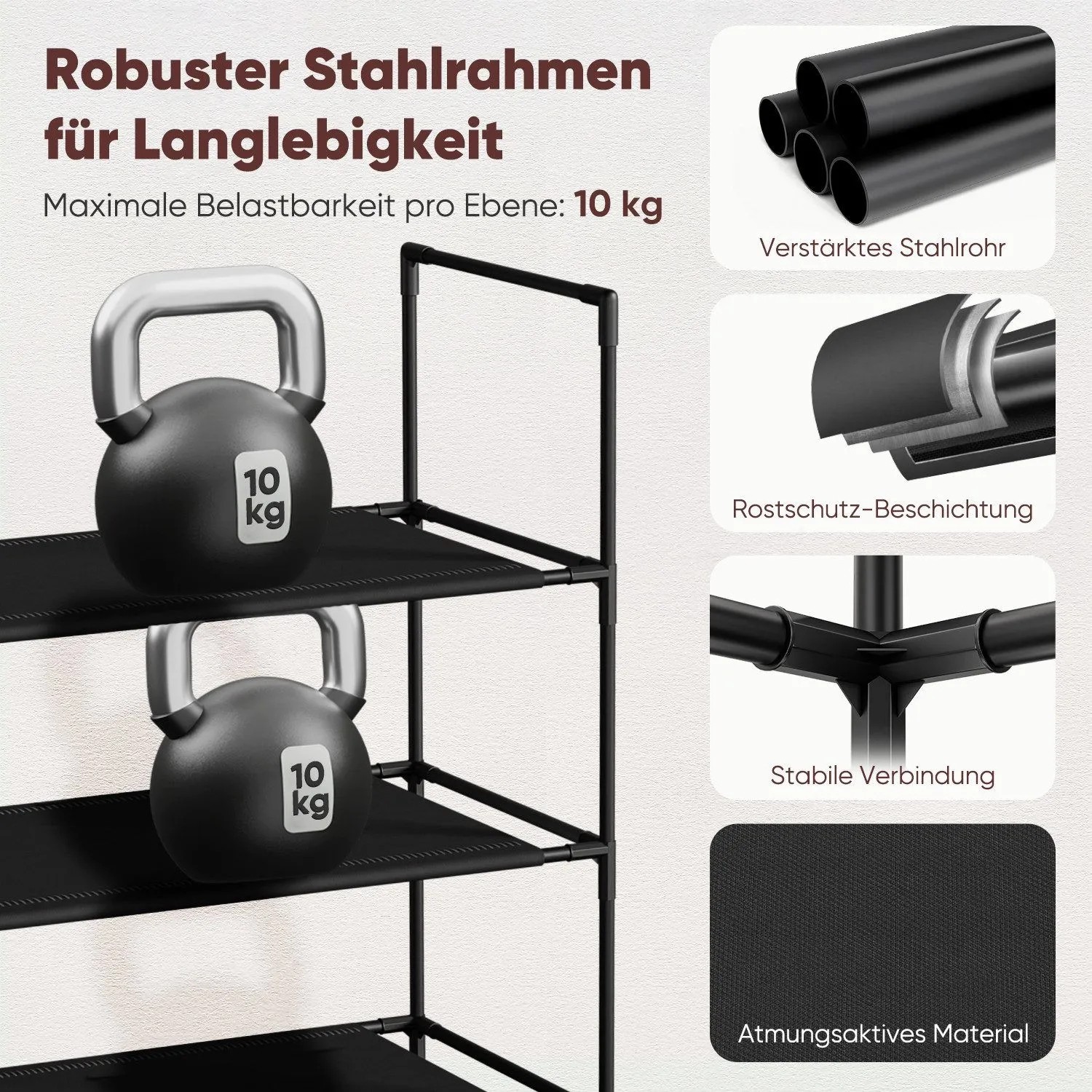 Schwarzes Sekey Schuhregal aus Metall mit 3 Vlies-Ebenen, belastet mit 10kg Hanteln. Zeigt Stabilität, verstärkte Rohre und Rostschutz.