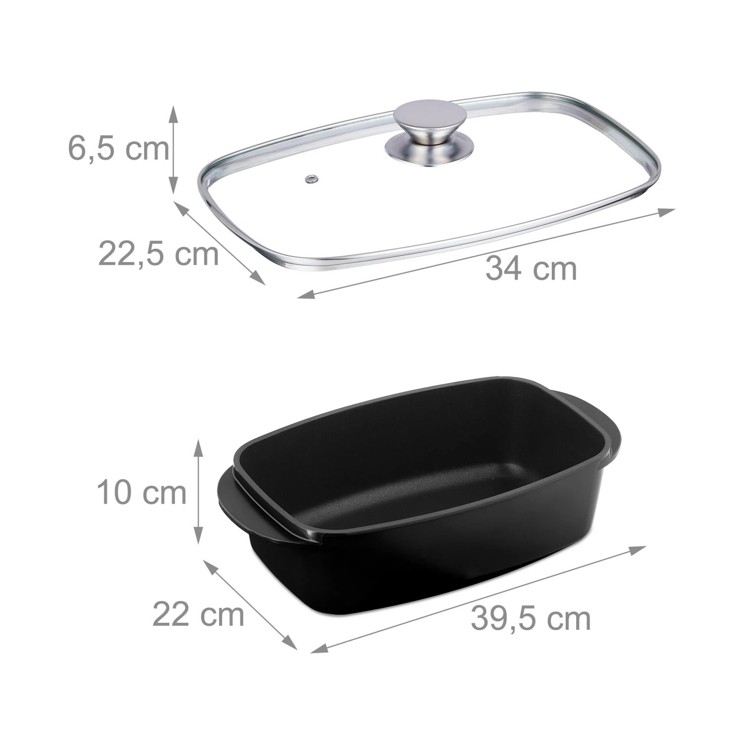 Relaxdays Bräter mit Deckel Aluminium Glas Edelstahl Schwarz Transparent Silber Antihaftbeschichtet 16 cm x 39,5 cm x 22 cm 1,8 kg_4