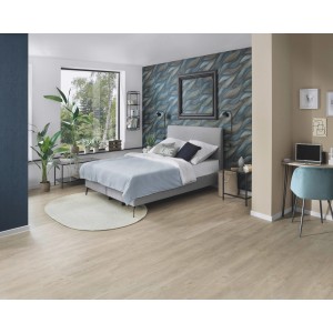 Schlafzimmer mit Erismann Vliestapete Casual Chic Wellen Stormy Blau an der Wand.