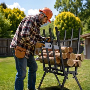 Mann sägt Holz auf klappbarem, verzinktem Wiltec Sägebock mit 4 Stammhaltern im Garten. Stabiler Holzsägebock für Brennholz.
